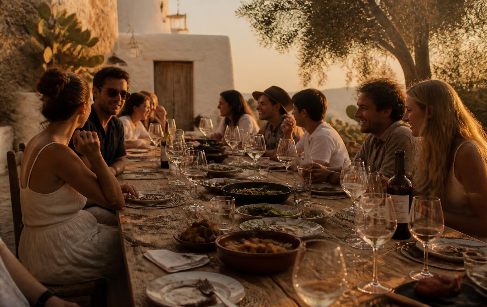 Een lange dinertafel in Ibiza-stijl, mensen delen gerechten en wijn in warm avondlicht